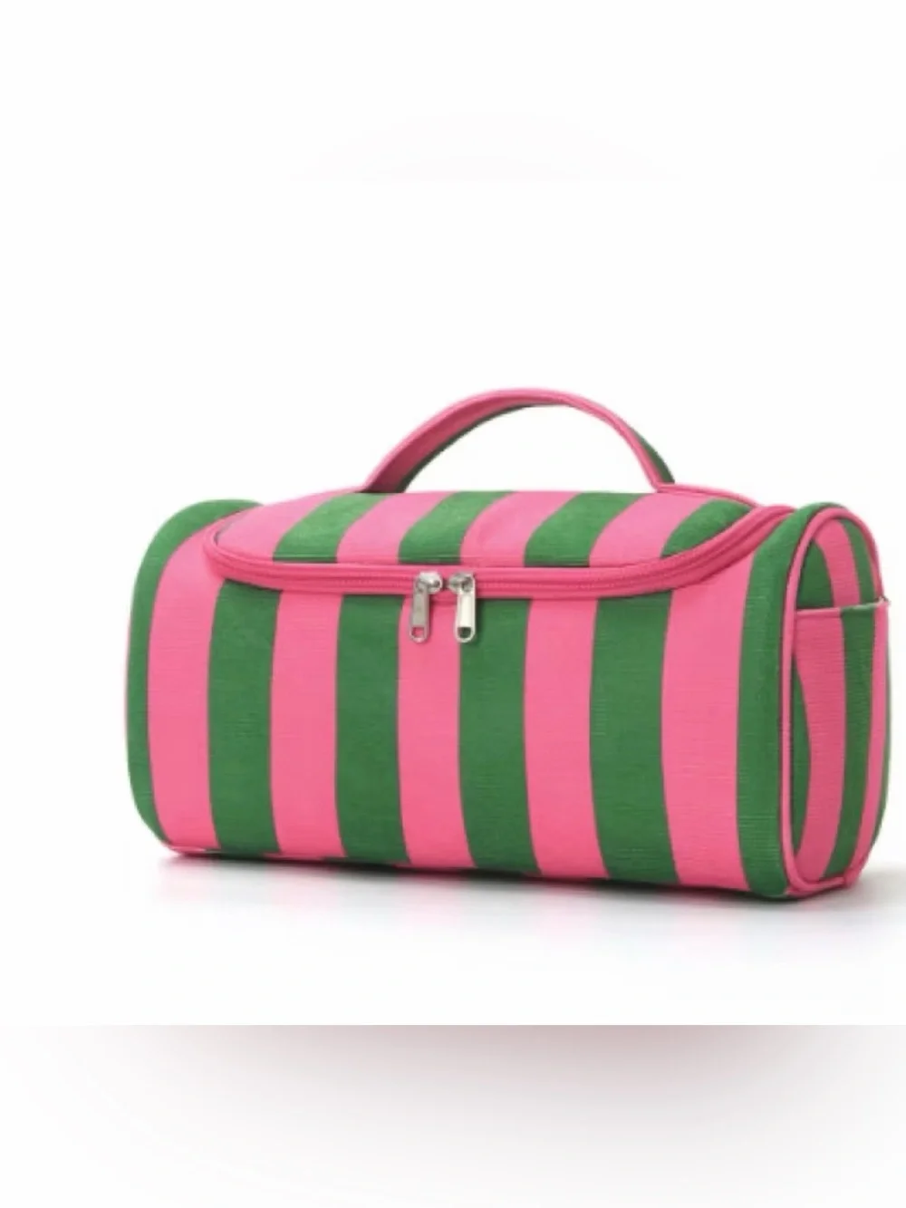 Hot Pink Green Striped Zip Large Handle Canvas Cosmetic Bag Tote Case Pocket